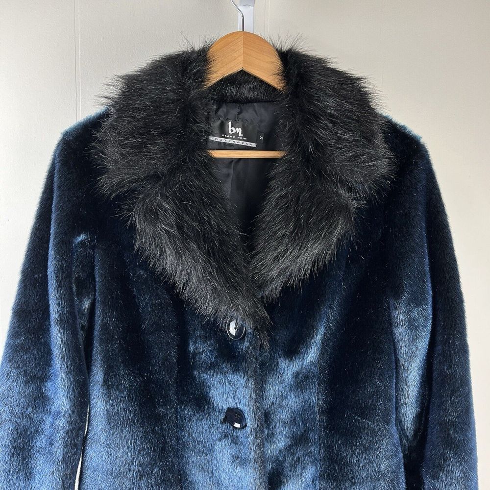 Blanc Noir Outerwear Faux Fur‎ Coat Jacket Blue & Black Mid Length Size Small - Picture 2 of 9